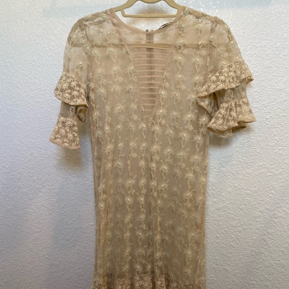 All Saints Lace Mini Dress in Tan - Medium